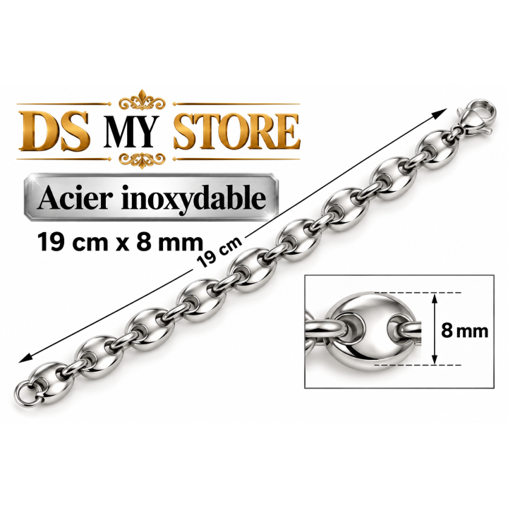 Bracelet grain de café en acier argenté – 19 cm x 8 mm