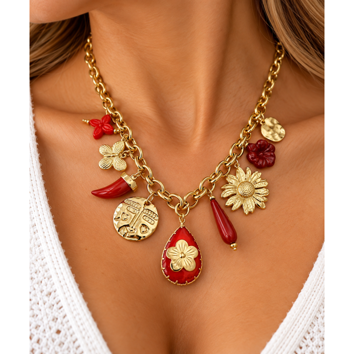 Collier acier doré et pampilles rouge bordeaux
