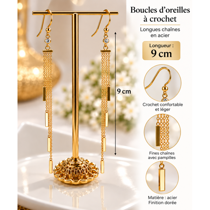 Boucles d’oreilles à crochet en acier doré – 9 cm