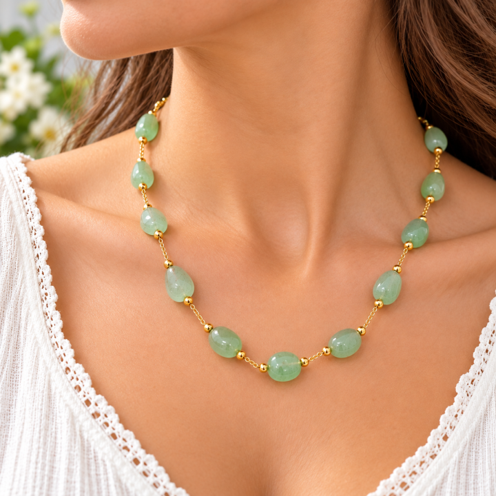 Collier en aventurine verte – 40 cm – acier doré