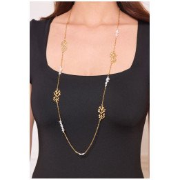 Sautoir Femme en Acier Inoxydable Doré – Motifs Corail et Perles Blanches