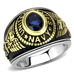 Bague Homme « United States » – Acier inoxydable noir et doré avec pierre bleue