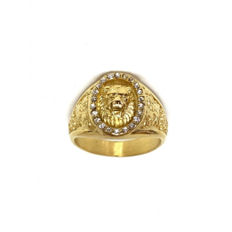 Bague lion acier doré et strass