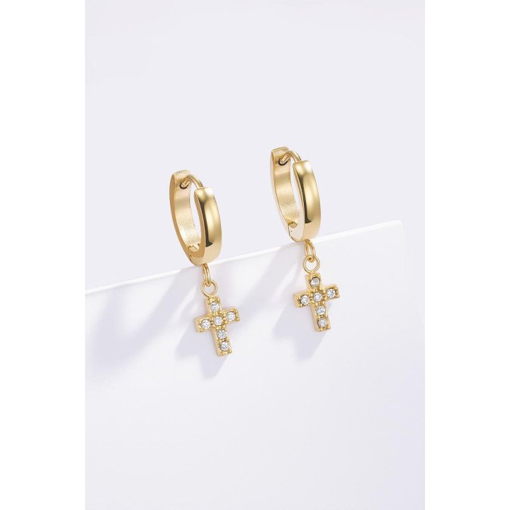 Boucles d’oreilles créoles croix en acier inoxydable – Argenté et doré