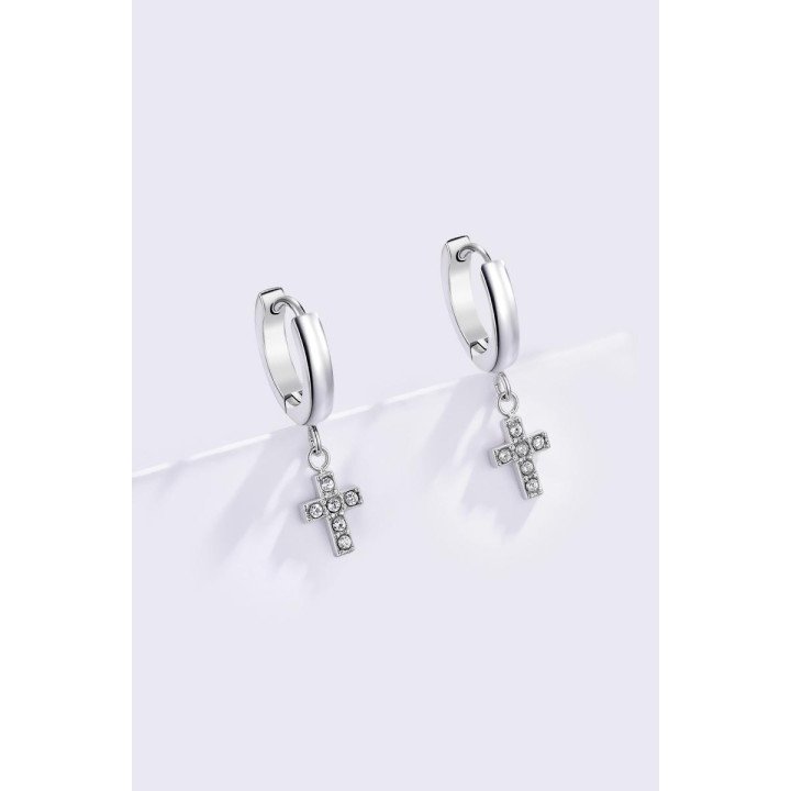 Boucles d’oreilles créoles croix en acier inoxydable – Argenté et doré