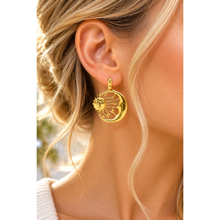 Boucles d’oreilles Soleil et Lune en acier doré