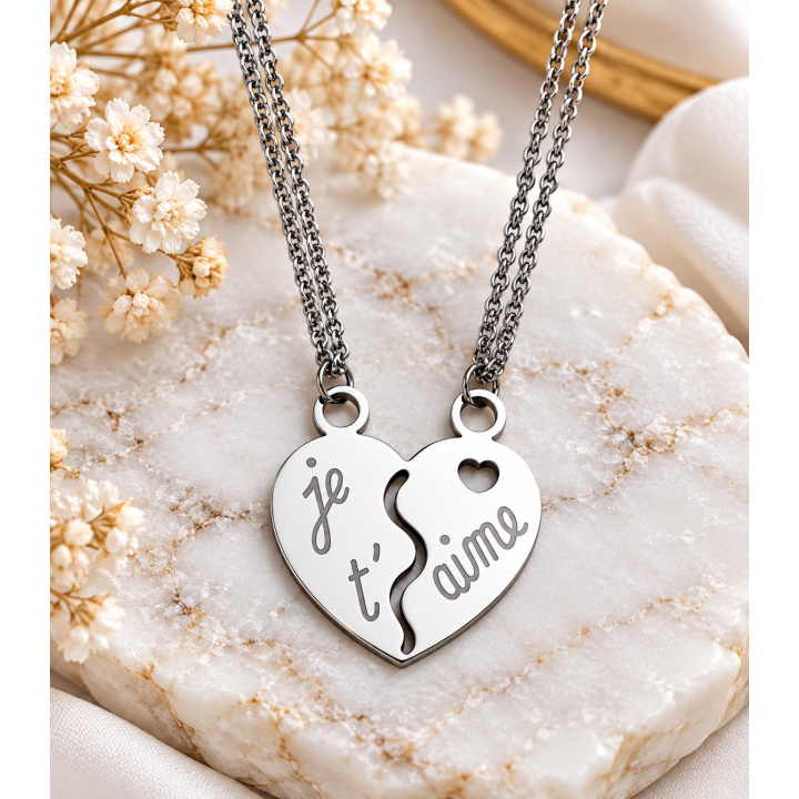 Collier Pendentif Cœur Brisé « BEST FRIENDS » en Acier
