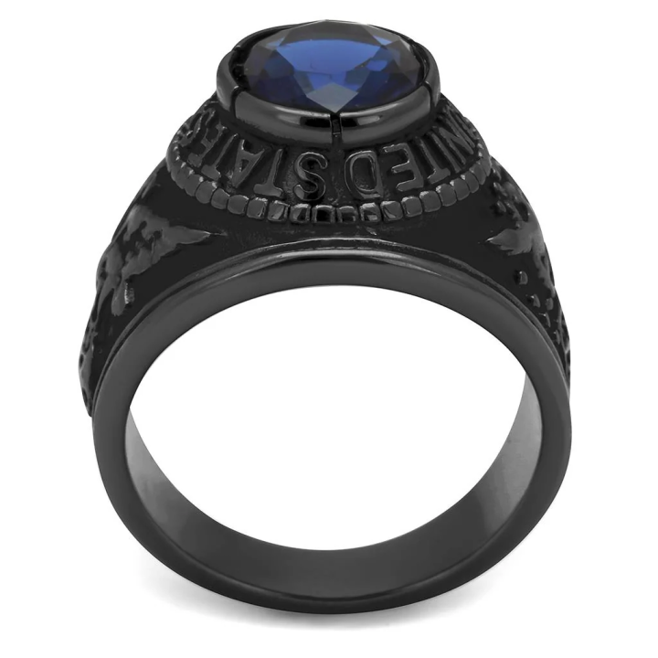Bague USA  noire et pierre bleue UNITED STATES