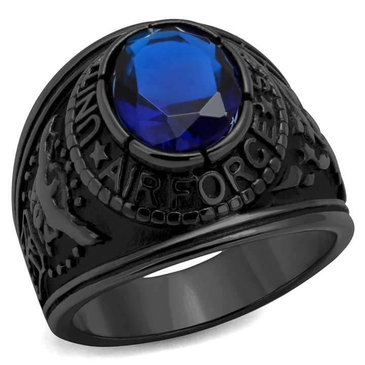 Bague USA  noire et pierre bleue UNITED STATES