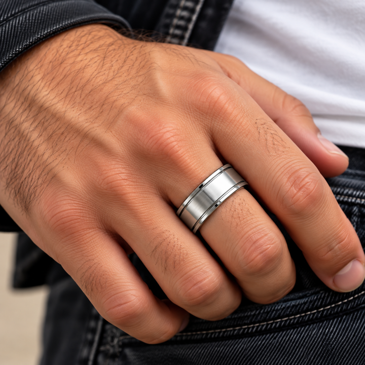 Bague homme anti stress en acier inoxydable argenté
