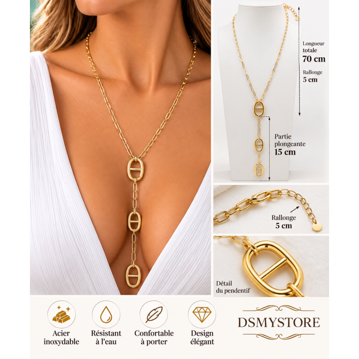 Collier sautoir maille marine en acier inoxydable doré
