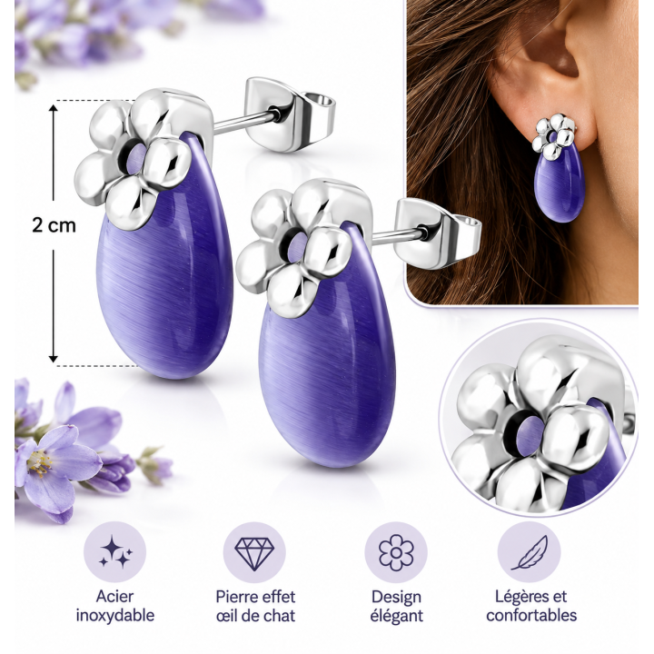 Boucles d’oreilles violettes en acier inoxydable