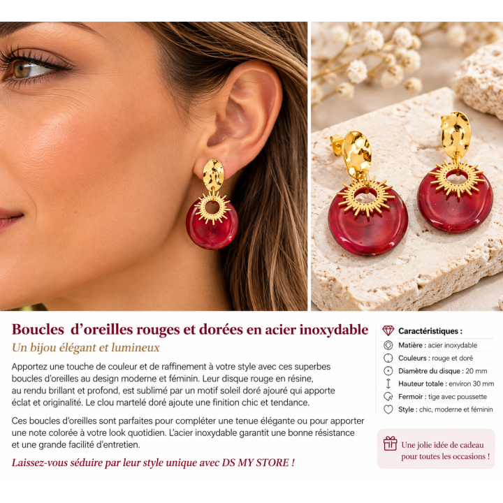 Boucles d'oreilles pendantes bordeaux