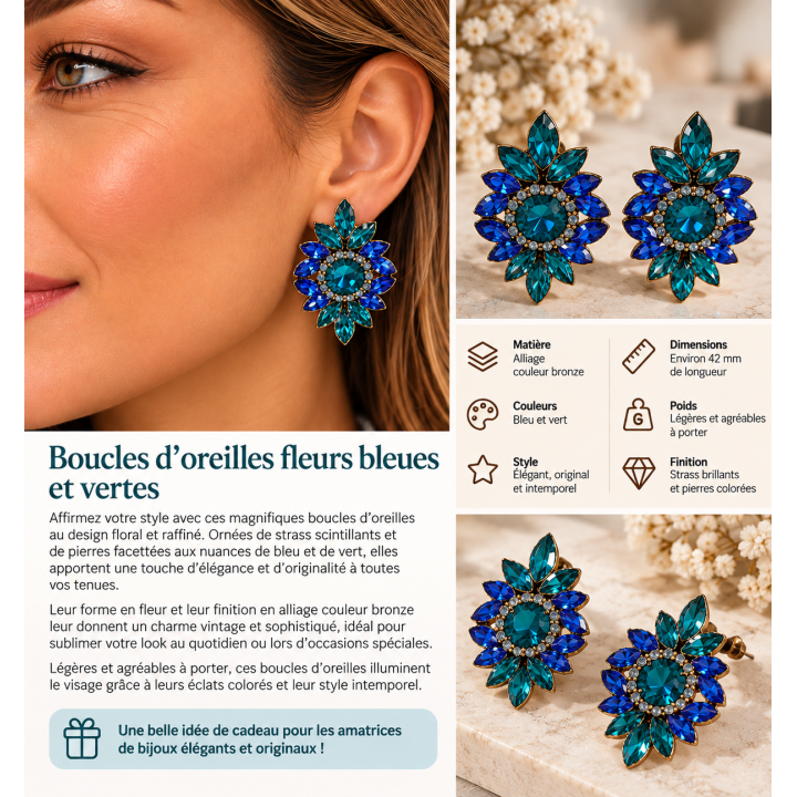 Boucles d’oreilles fleurs bleu et vert alliage fantaisie
