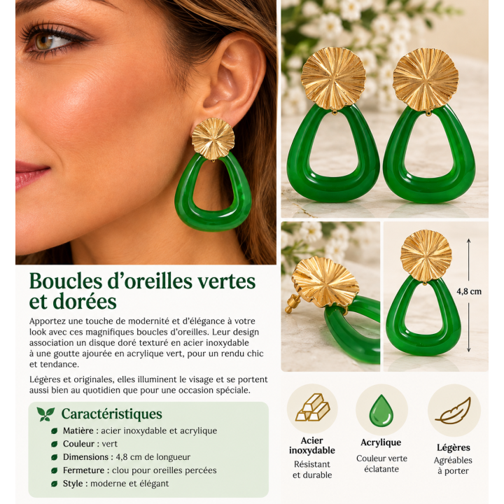 Boucles d’oreilles pendantes vertes et dorées en acier inoxydable
