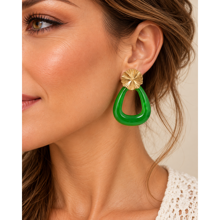 Boucles d’oreilles pendantes vertes et dorées en acier inoxydable