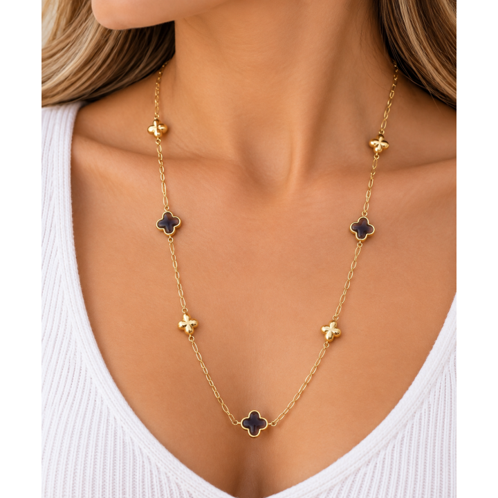 Collier sautoir trèfles noirs