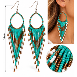 Boucles d’oreilles bohèmes à franges turquoise, bronze et blanc – 14 cm