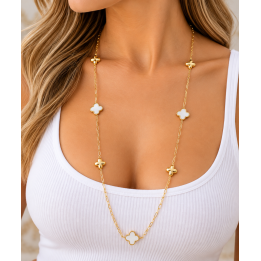 Collier sautoir trèfles blancs acier inoxydable doré