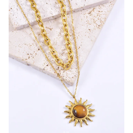 Collier soleil doré avec pierre œil de tigre