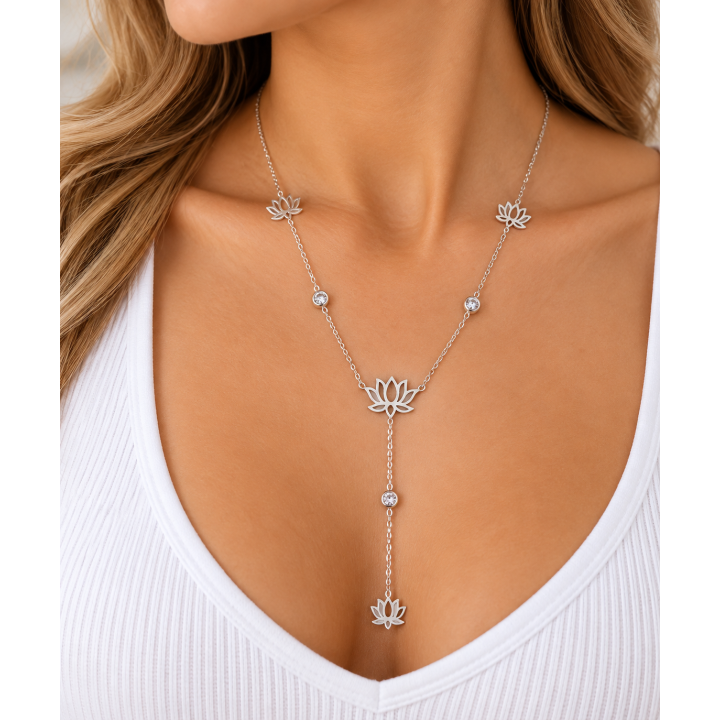 Collier plongeant lotus acier argenté