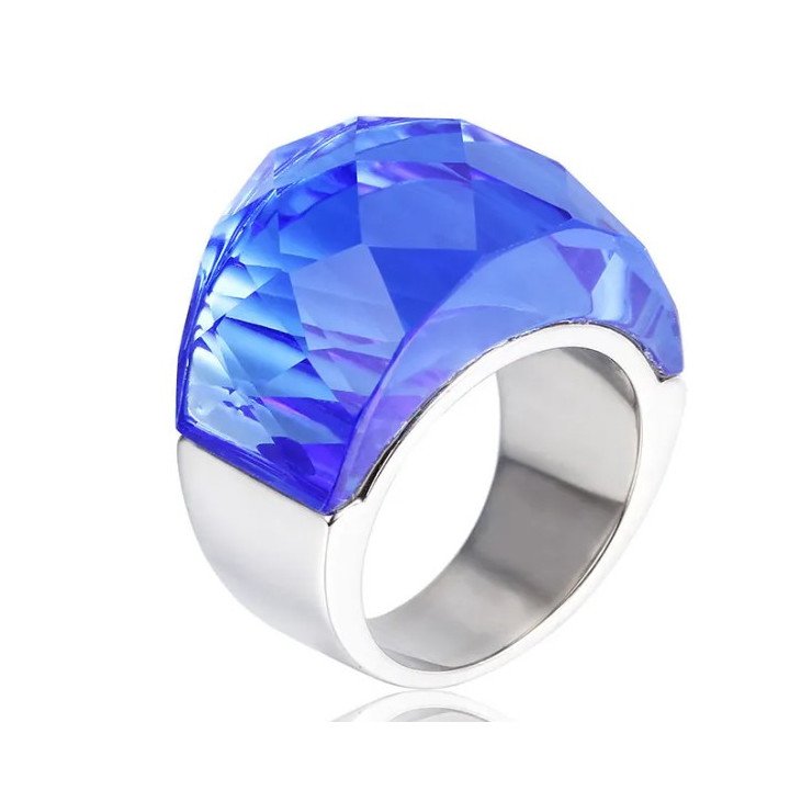 Bague à facettes bijou en acier et verre bleu