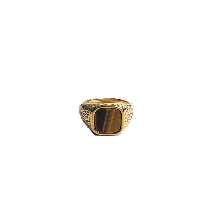 Bague chevalière avec œil de tigre bijou en acier doré