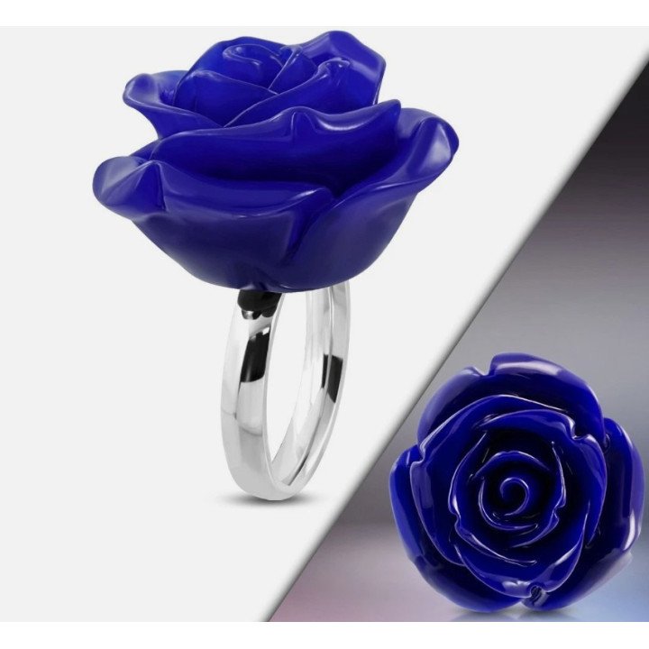 Bague fleur bleue en acier